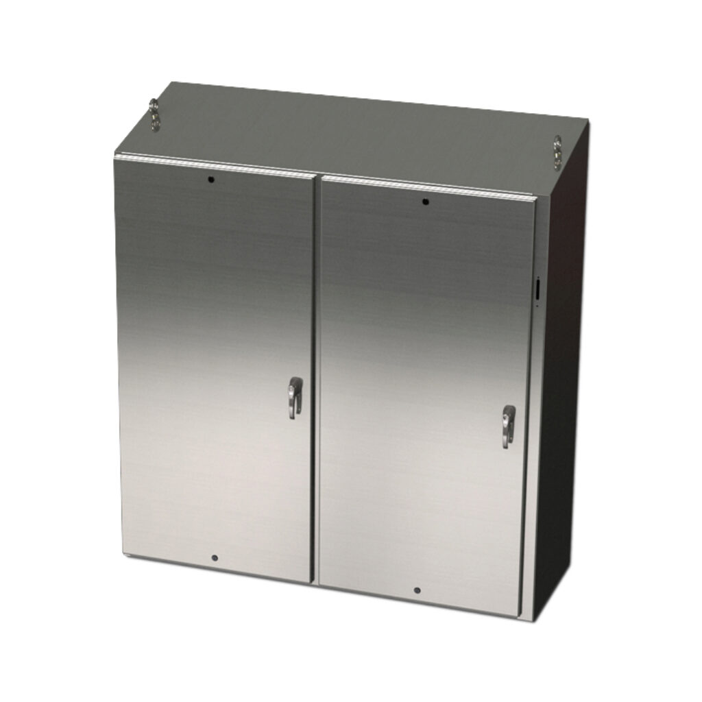 SCE-72XEL7324SS6ST - Saginaw Enviroline series disconnect enclosure, slope top, NEMA 3R/4/4X/12/13, right flange, 72 x 73 x 24in (HxWxD), freestanding, 316L stainless steel, #4 brush finish, 2-door, 3-point 304 stainless steel padlocking handle, p...