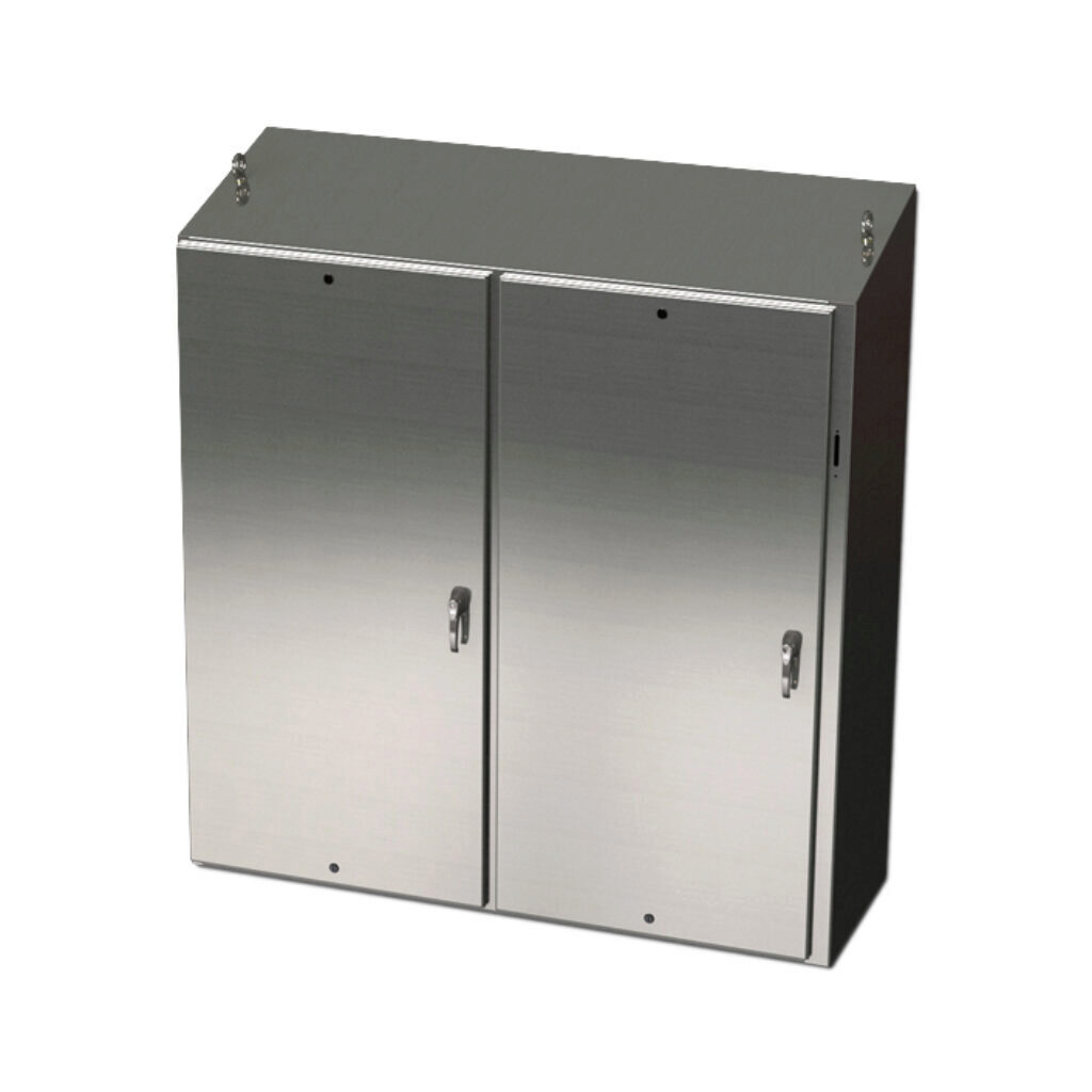 SCE-72XEL7324SSST - Saginaw Enviroline series disconnect enclosure, slope top, NEMA 3R/4/4X/12/13, right flange, 72 x 73 x 24in (HxWxD), freestanding, 304 stainless steel, #4 brush finish, 2-door, 3-point 304 stainless steel padlocking handle, pur...