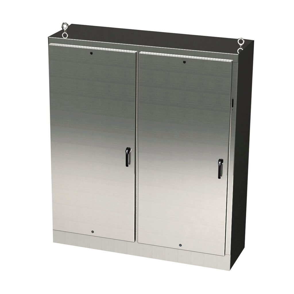 SCE-72XM5418SS6 - Saginaw disconnect enclosure, NEMA 3R/4/4X/12/13, right flange, 72 x 54 x 18in (HxWxD), freestanding, 316L stainless steel, #4 brush finish, 2-door, 3-point padlocking handle, powder coated subpanel included.