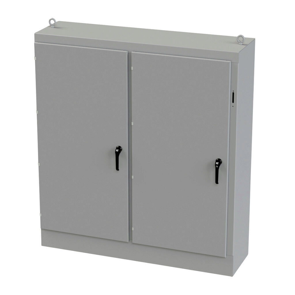 SCE-72XM6618 - Saginaw disconnect enclosure, NEMA 3R/12/13, right flange, 72 x 66 x 18in (HxWxD), freestanding, carbon steel, ANSI 61 gray, powder coat finish, 2-door, 3-point padlocking handle, powder coated subpanel included.