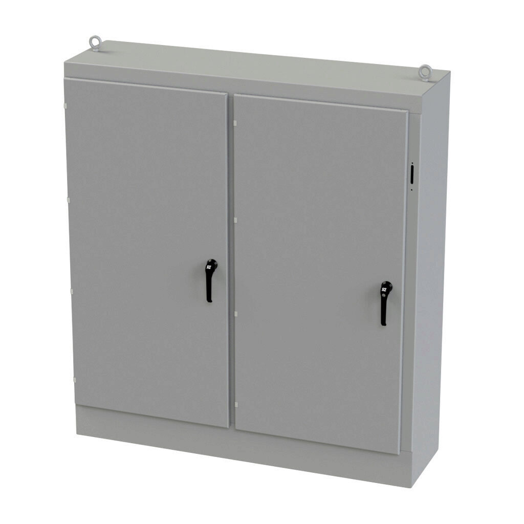 SCE-72XM6618G - Saginaw disconnect enclosure, NEMA 3R/12/13, right flange, 72 x 66 x 18in (HxWxD), freestanding, carbon steel, ANSI 61 gray, powder coat finish, 2-door, 3-point padlocking handle, galvanized subpanel included.