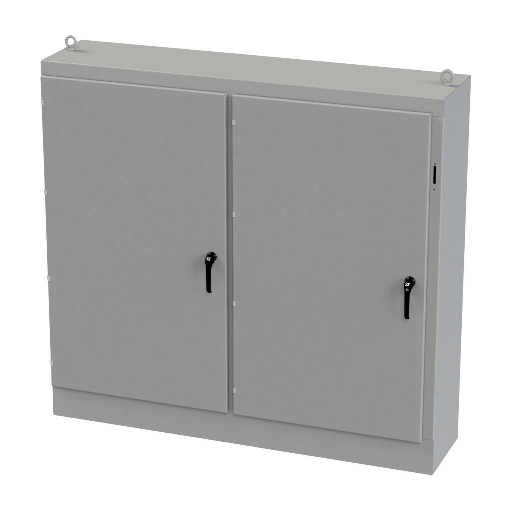 SCE-72XM7818 - Saginaw disconnect enclosure, NEMA 3R/12/13, right flange, 72 x 78 x 18in (HxWxD), freestanding, carbon steel, ANSI 61 gray, powder coat finish, 2-door, 3-point padlocking handle, powder coated subpanel included.