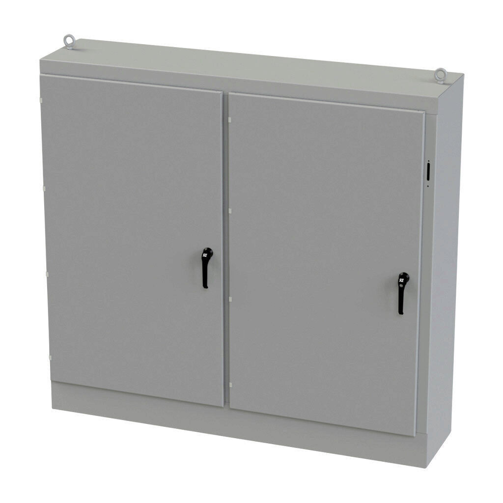 SCE-72XM7818G - Saginaw disconnect enclosure, NEMA 3R/12/13, right flange, 72 x 78 x 18in (HxWxD), freestanding, carbon steel, ANSI 61 gray, powder coat finish, 2-door, 3-point padlocking handle, galvanized subpanel included.