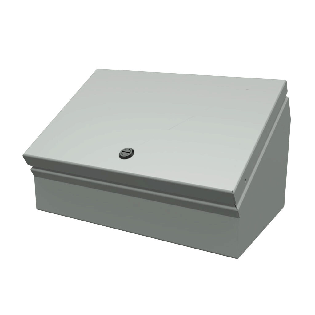 SCE-8C12ELJ - Saginaw operator consolet, NEMA 3R/4/12/13, 8 x 12 x 7in (HxWxD), desktop or pedestal mount, carbon steel, ANSI 61 gray, powder coat finish, single-door, 1/4-turn semi-flush latch.
