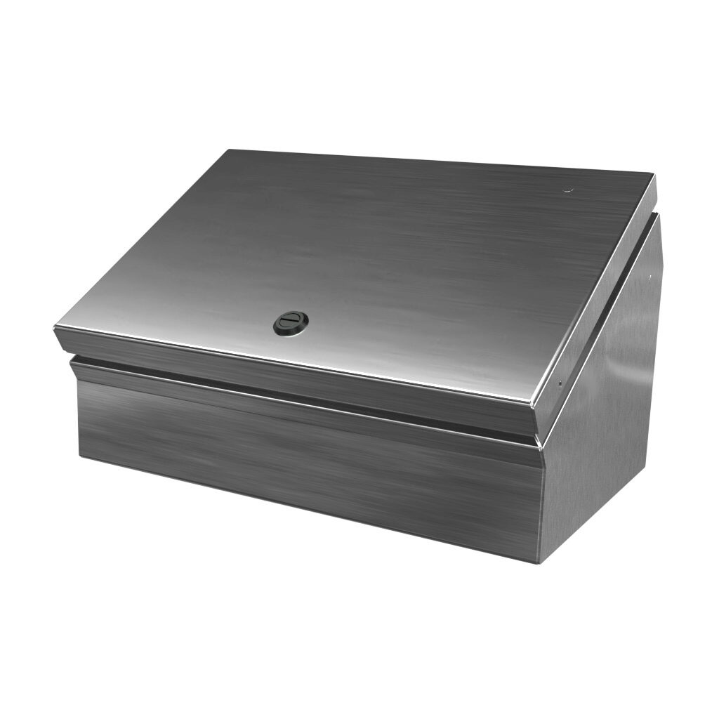 SCE-8C12ELJSS - Saginaw operator consolet, NEMA 3R/4/4X/12/13, 8 x 12 x 7in (HxWxD), desktop or pedestal mount, 304 stainless steel, #4 brush finish, single-door, 1/4-turn semi-flush latch.