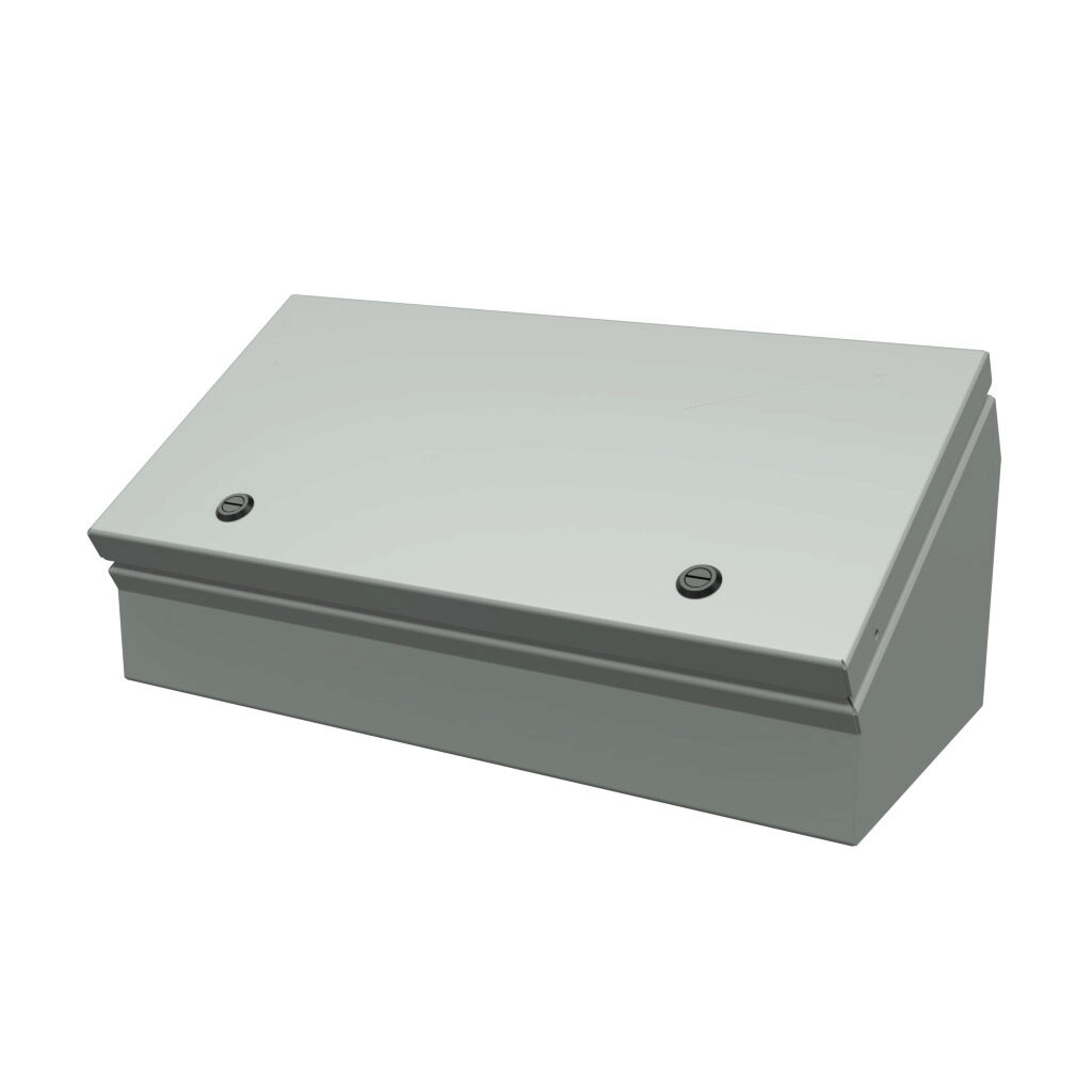 SCE-8C16ELJ - Saginaw operator consolet, NEMA 3R/4/12/13, 8 x 16 x 7in (HxWxD), desktop or pedestal mount, carbon steel, ANSI 61 gray, powder coat finish, single-door, 1/4-turn semi-flush latch.