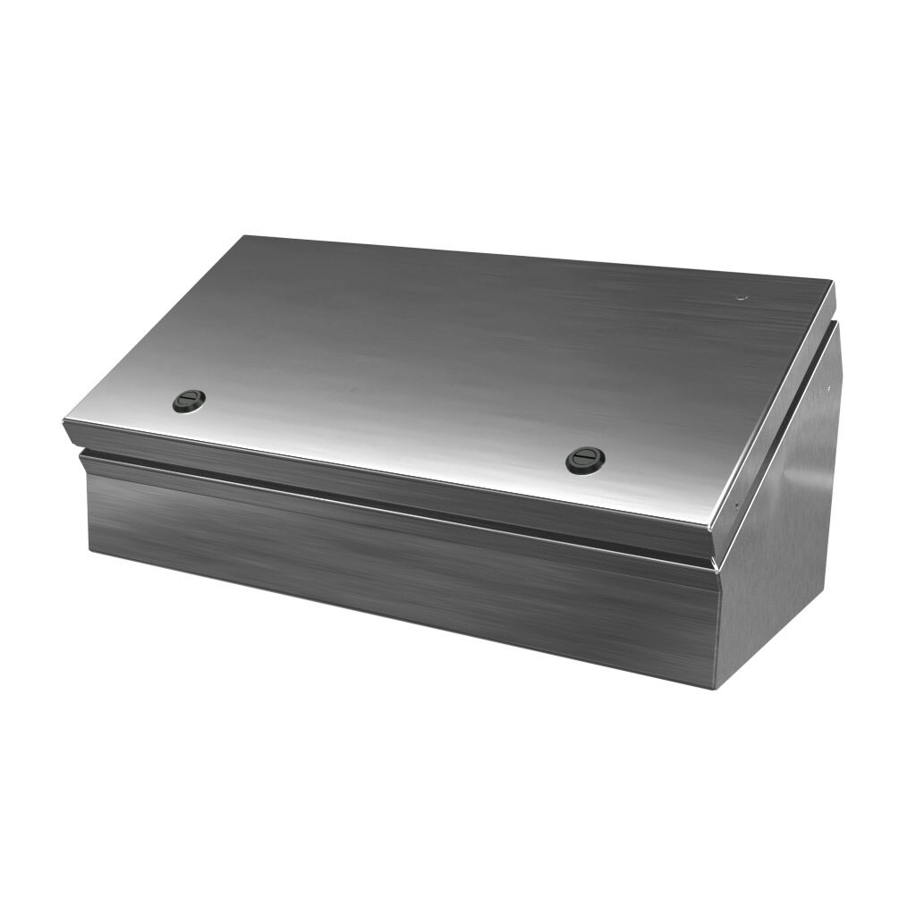 SCE-8C16ELJSS - Saginaw operator consolet, NEMA 3R/4/4X/12/13, 8 x 16 x 7in (HxWxD), desktop or pedestal mount, 304 stainless steel, #4 brush finish, single-door, 1/4-turn semi-flush latch.