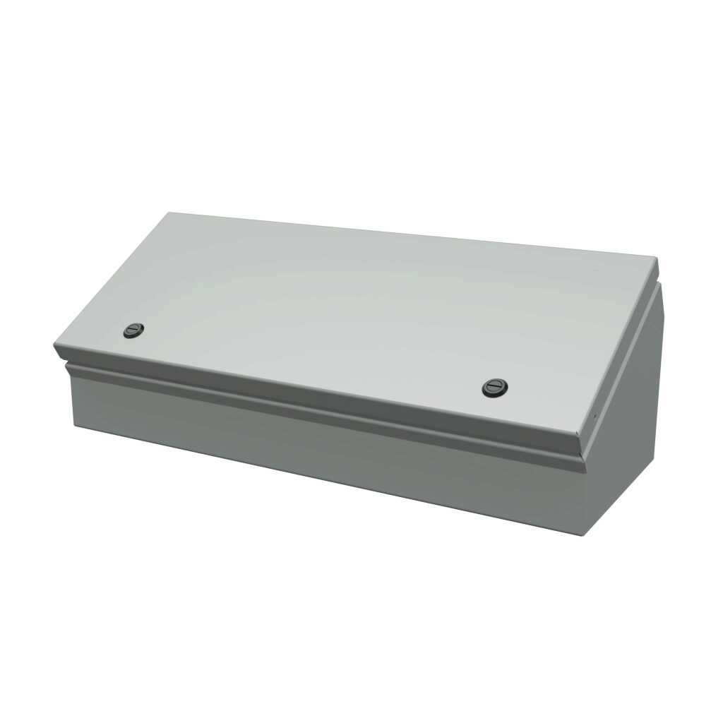 SCE-8C20ELJ - Saginaw operator consolet, NEMA 3R/4/12/13, 8 x 20 x 7in (HxWxD), desktop or pedestal mount, carbon steel, ANSI 61 gray, powder coat finish, single-door, 1/4-turn semi-flush latch.