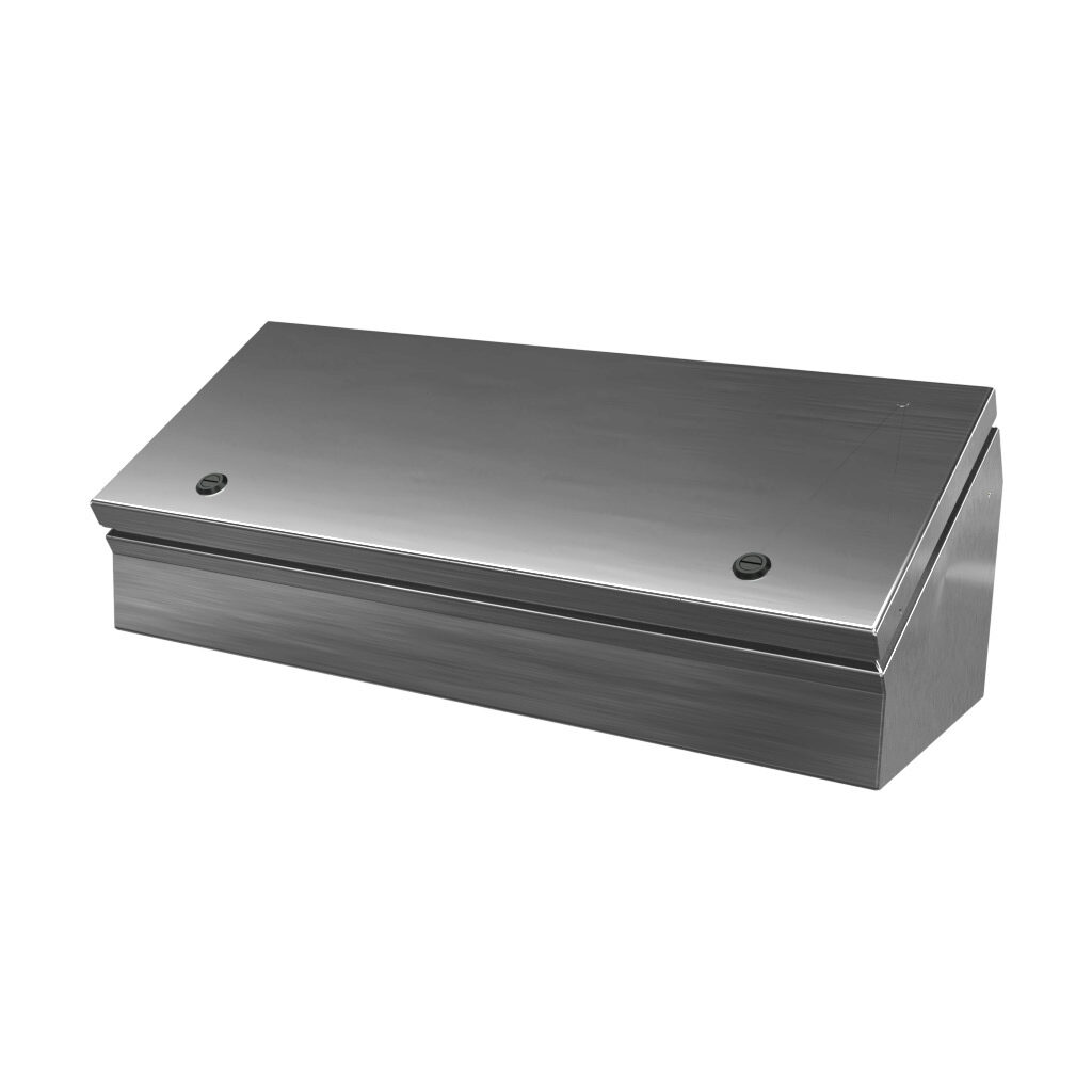 SCE-8C20ELJSS - Saginaw operator consolet, NEMA 3R/4/4X/12/13, 8 x 20 x 7in (HxWxD), desktop or pedestal mount, 304 stainless steel, #4 brush finish, single-door, 1/4-turn semi-flush latch.