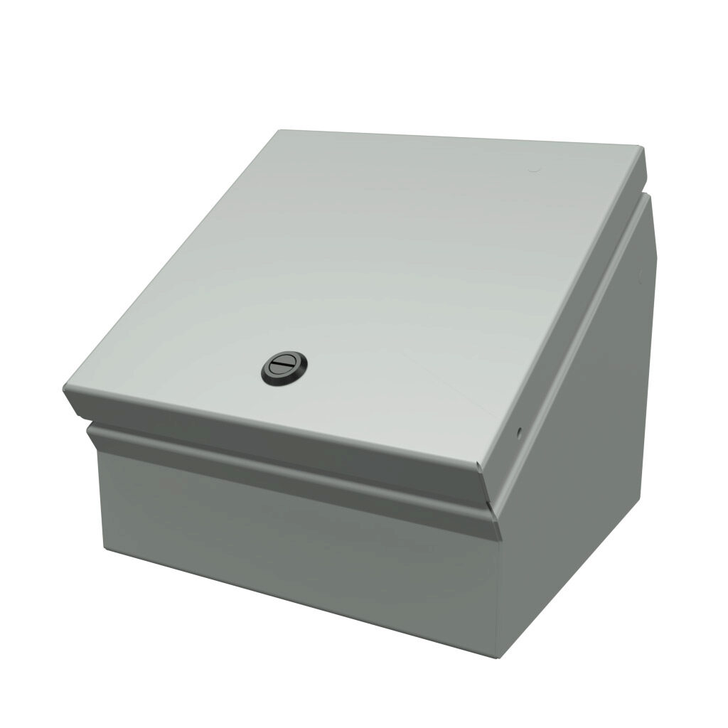 SCE-8C8ELJ - Saginaw operator consolet, NEMA 3R/4/12/13, 8 x 8 x 7in (HxWxD), desktop or pedestal mount, carbon steel, ANSI 61 gray, powder coat finish, single-door, 1/4-turn semi-flush latch.