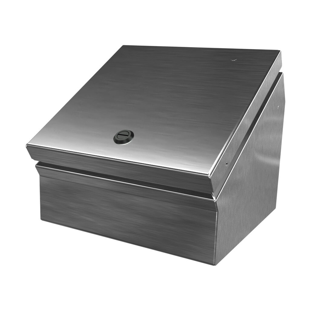 SCE-8C8ELJSS - Saginaw operator consolet, NEMA 3R/4/4X/12/13, 8 x 8 x 7in (HxWxD), desktop or pedestal mount, 304 stainless steel, #4 brush finish, single-door, 1/4-turn semi-flush latch.