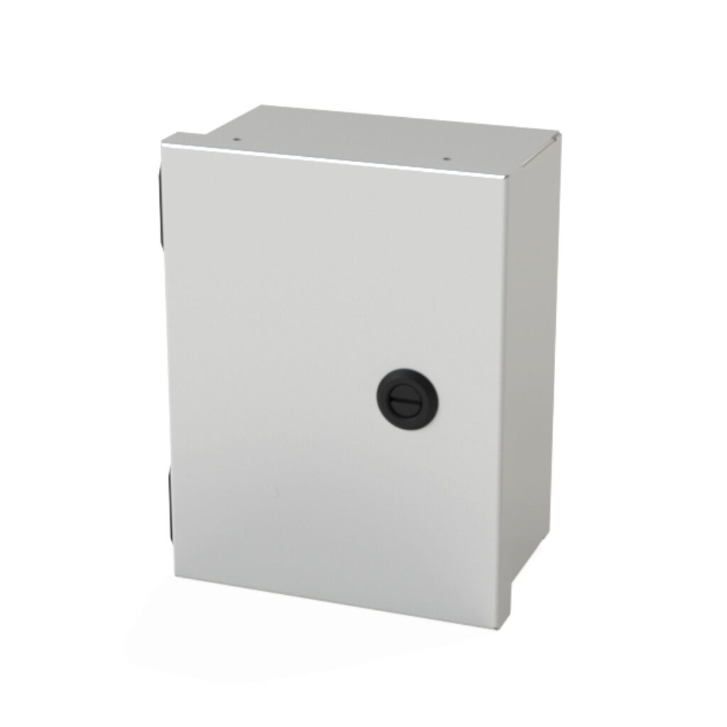 SCE-8N604LP - Saginaw enclosure, NEMA 1, 8 x 6 x 4in (HxWxD), wall mount, carbon steel, ANSI 61 gray, powder coat finish, single-door, 1/4-turn semi-flush latch.