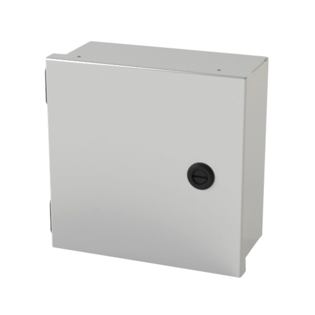 SCE-8N804LP - Saginaw enclosure, NEMA 1, 8 x 8 x 4in (HxWxD), wall mount, carbon steel, ANSI 61 gray, powder coat finish, single-door, 1/4-turn semi-flush latch.
