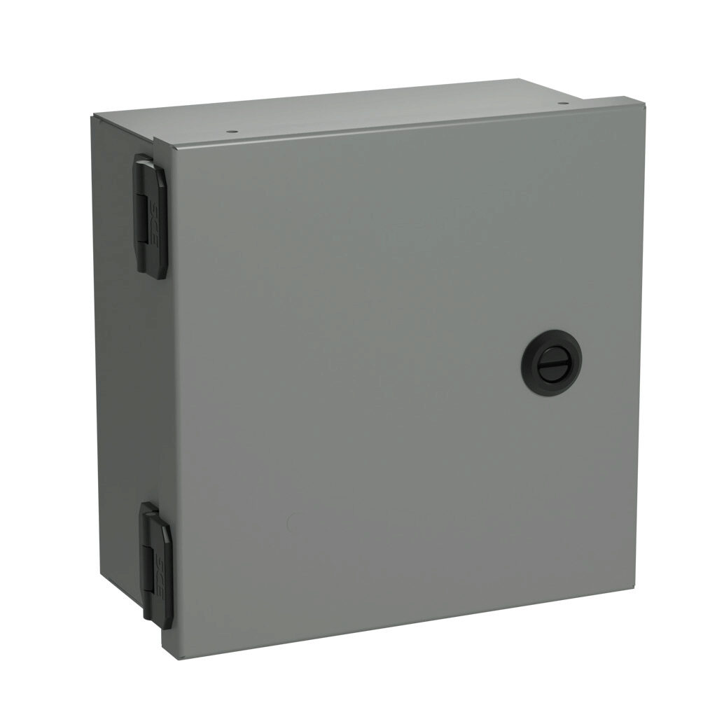 SCE-8N804NKLP - Saginaw enclosure, NEMA 1, 8 x 8 x 4in (HxWxD), wall mount, with knockouts, carbon steel, ANSI 61 gray, powder coat finish, single-door, 1/4-turn semi-flush latch.