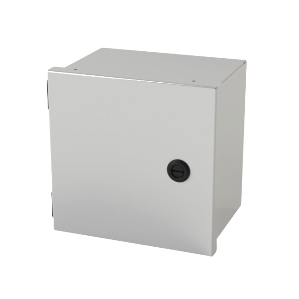 SCE-8N806LP - Saginaw enclosure, NEMA 1, 8 x 8 x 6in (HxWxD), wall mount, carbon steel, ANSI 61 gray, powder coat finish, single-door, 1/4-turn semi-flush latch.