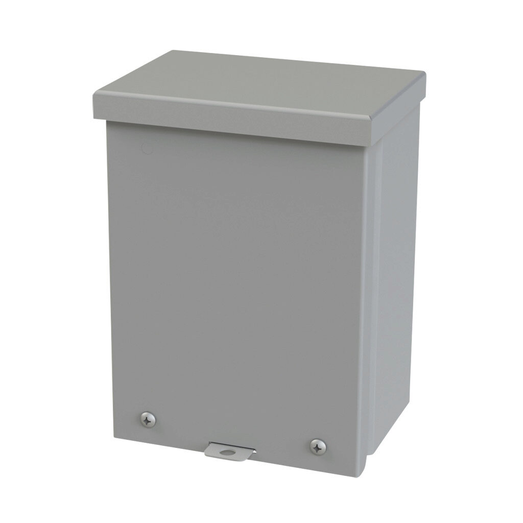 SCE-8R64 - Saginaw enclosure, NEMA 3R, 8 x 6 x 4in (HxWxD), wall mount, carbon steel, ANSI 61 gray, powder coat finish, screw cover, padlock hasp and staple.