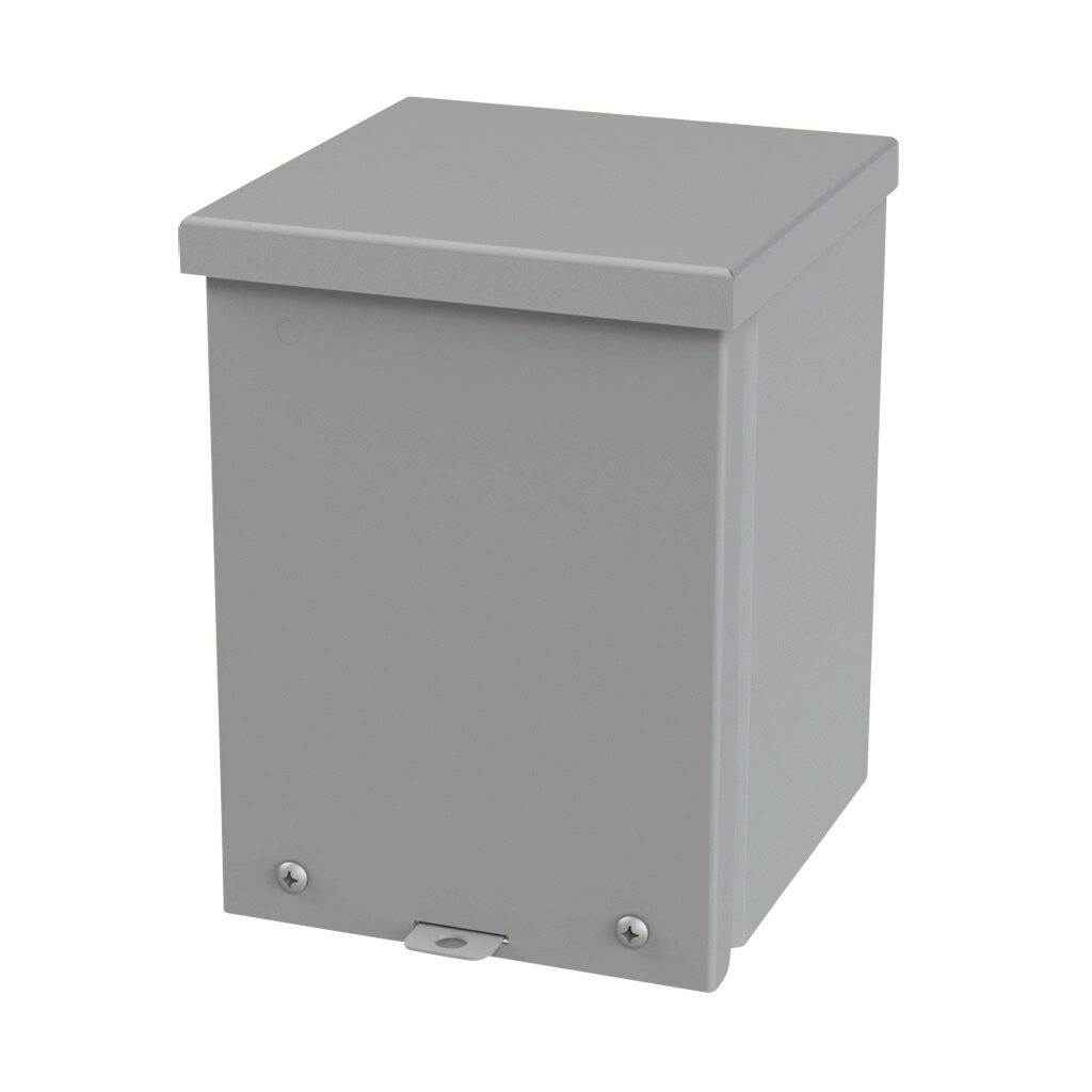 SCE-8R66 - Saginaw enclosure, NEMA 3R, 8 x 6 x 6in (HxWxD), wall mount, carbon steel, ANSI 61 gray, powder coat finish, screw cover, padlock hasp and staple.