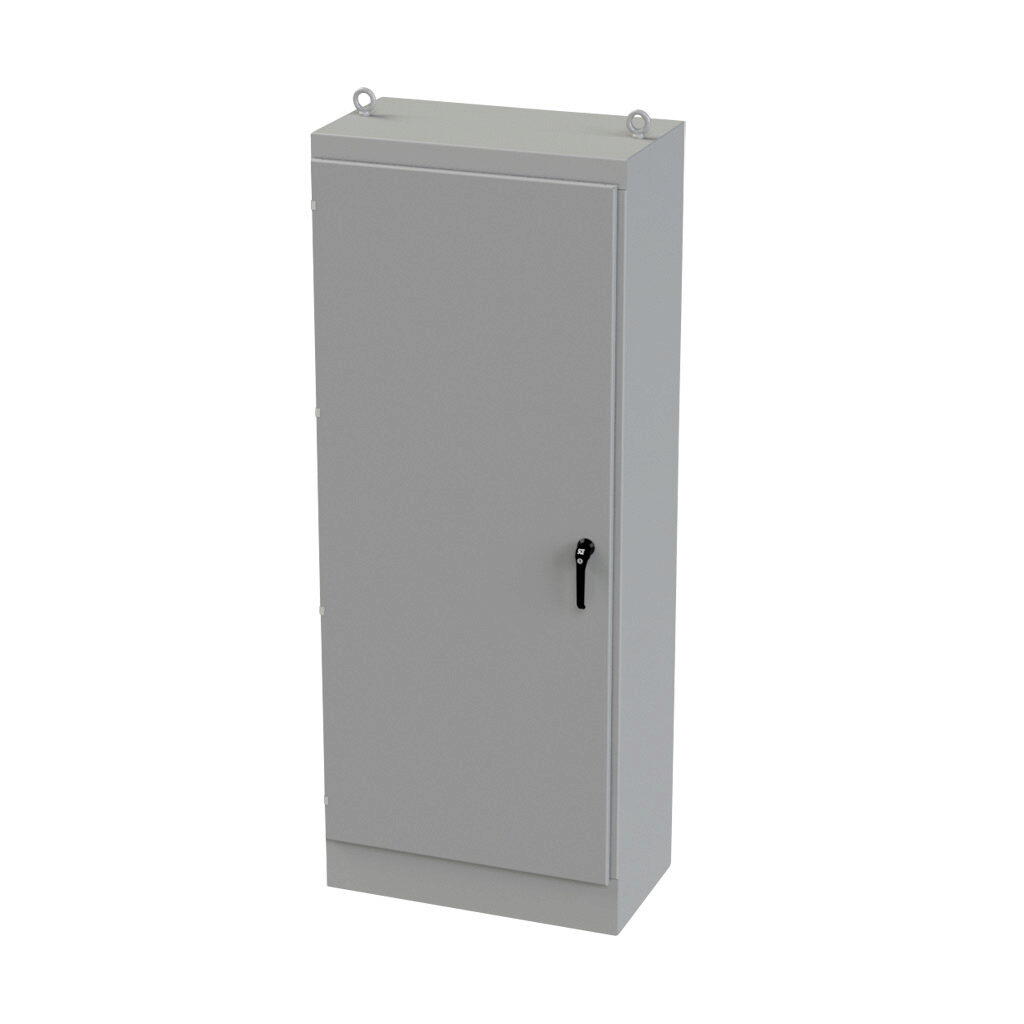 SCE-903620FS - Saginaw enclosure, NEMA 3R/12/13, 90 x 36 x 20in (HxWxD), freestanding, carbon steel, ANSI 61 gray, powder coat finish, single-door, 3-point keylocking/padlocking combo handle.
