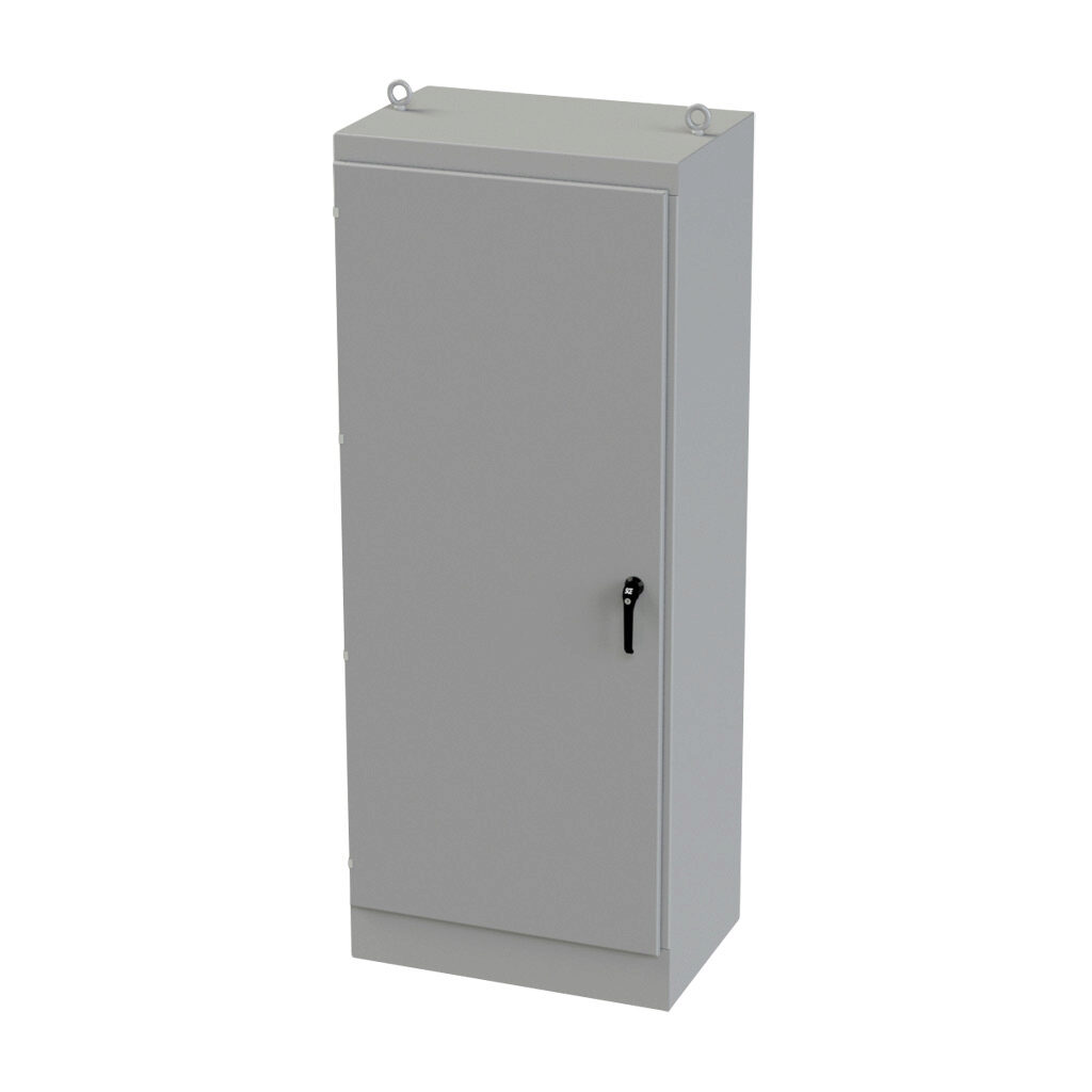 SCE-903624FS - Saginaw enclosure, NEMA 3R/12/13, 90 x 36 x 24in (HxWxD), freestanding, carbon steel, ANSI 61 gray, powder coat finish, single-door, 3-point keylocking/padlocking combo handle.