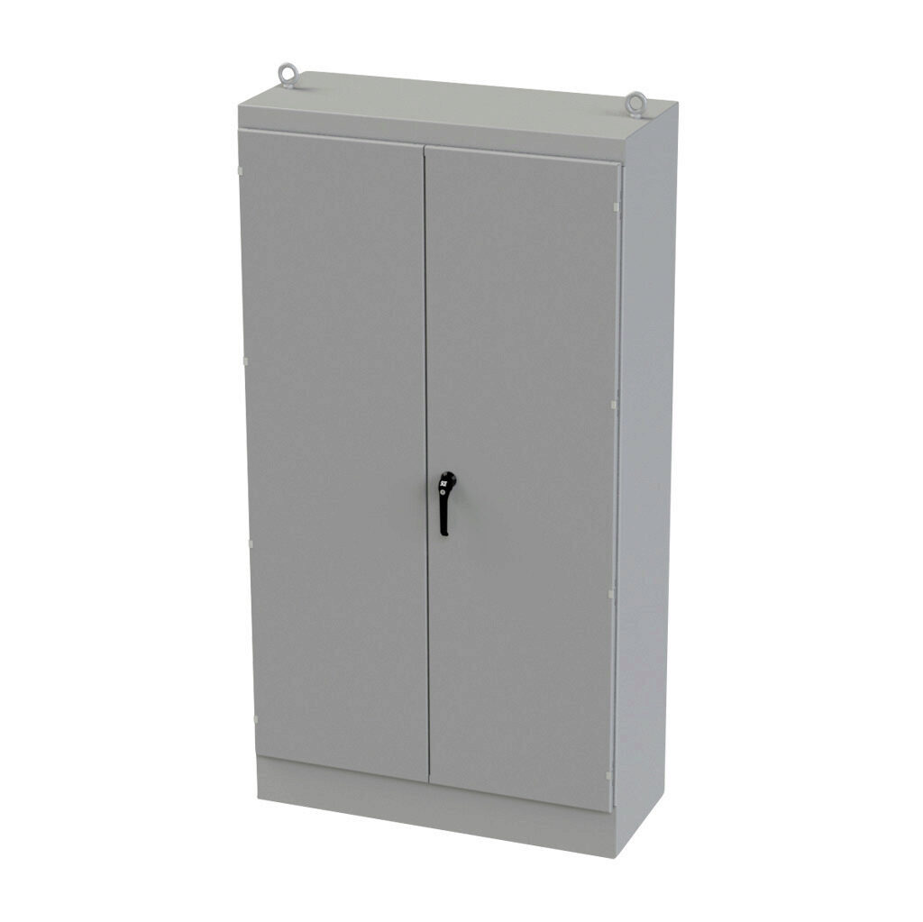 SCE-904820FSD - Saginaw enclosure, NEMA 3R/12/13, 90 x 48 x 20in (HxWxD), freestanding, carbon steel, ANSI 61 gray, powder coat finish, double-door, 3-point keylocking/padlocking combo handle.