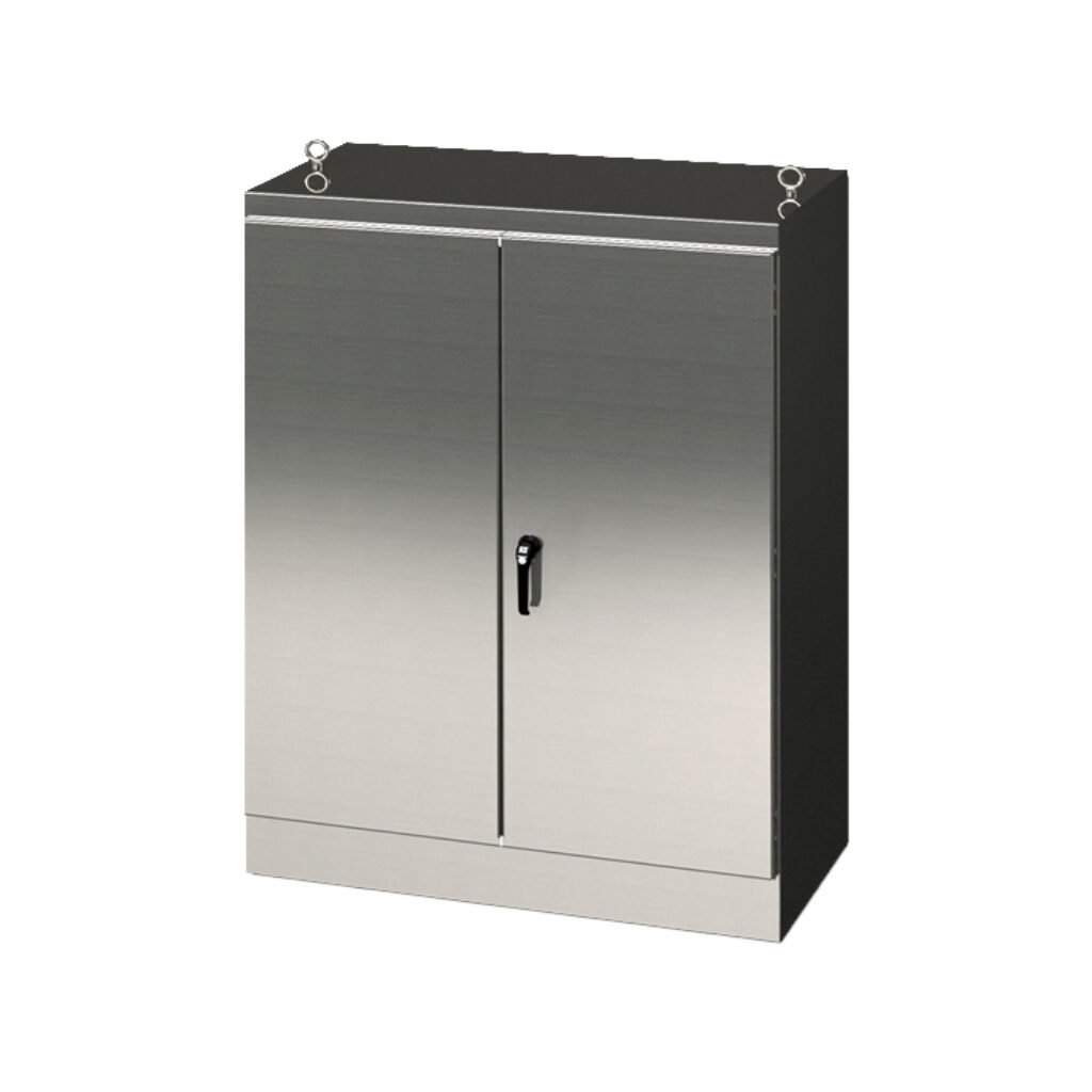 SCE-904820SSFSD - Saginaw enclosure, NEMA 3R/12/13, 90 x 48 x 20in (HxWxD), freestanding, 304 stainless steel, #4 brush finish, double-door, 3-point keylocking/padlocking combo handle.