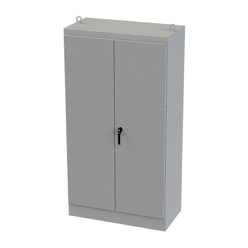 SCE-904824FSD - Saginaw enclosure, NEMA 3R/12/13, 90 x 48 x 24in (HxWxD), freestanding, carbon steel, ANSI 61 gray, powder coat finish, double-door, 3-point keylocking/padlocking combo handle.