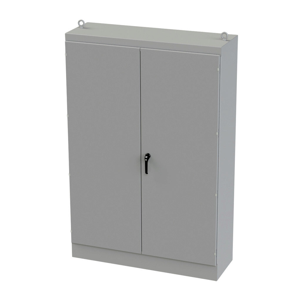 SCE-906020FSD - Saginaw enclosure, NEMA 3R/12/13, 90 x 60 x 20in (HxWxD), freestanding, carbon steel, ANSI 61 gray, powder coat finish, double-door, 3-point keylocking/padlocking combo handle.