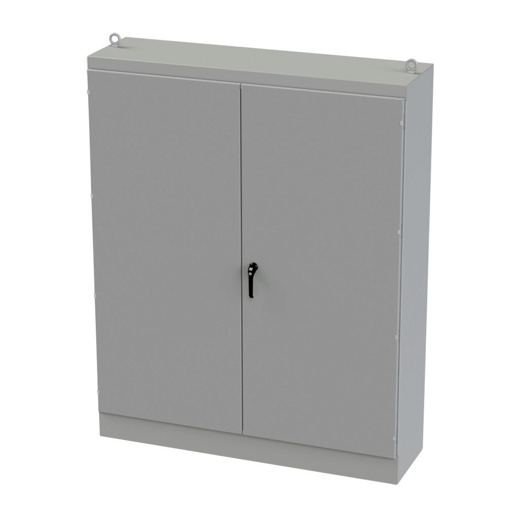 SCE-907220FSD - Saginaw enclosure, NEMA 3R/12/13, 90 x 72 x 20in (HxWxD), freestanding, carbon steel, ANSI 61 gray, powder coat finish, double-door, 3-point keylocking/padlocking combo handle.