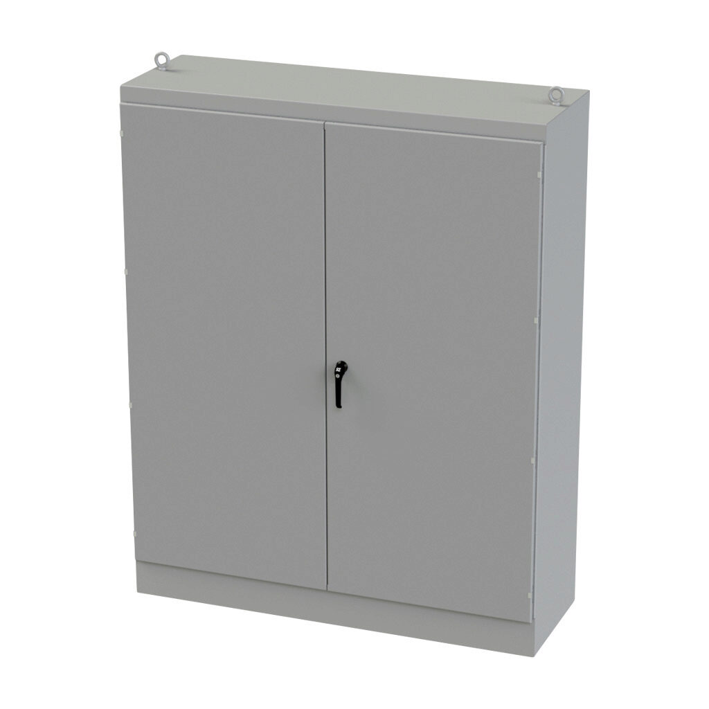 SCE-907224FSD - Saginaw enclosure, NEMA 3R/12/13, 90 x 72 x 24in (HxWxD), freestanding, carbon steel, ANSI 61 gray, powder coat finish, double-door, 3-point keylocking/padlocking combo handle.