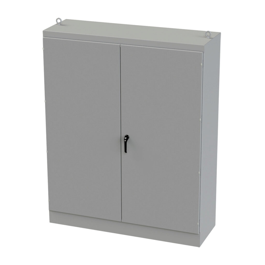 SCE-907224FSDAD - Saginaw enclosure, NEMA 3R/12/13, 90 x 72 x 24in (HxWxD), freestanding, dual access, carbon steel, ANSI 61 gray, powder coat finish, overlapping double-door, 3-point keylocking/padlocking combo handle.