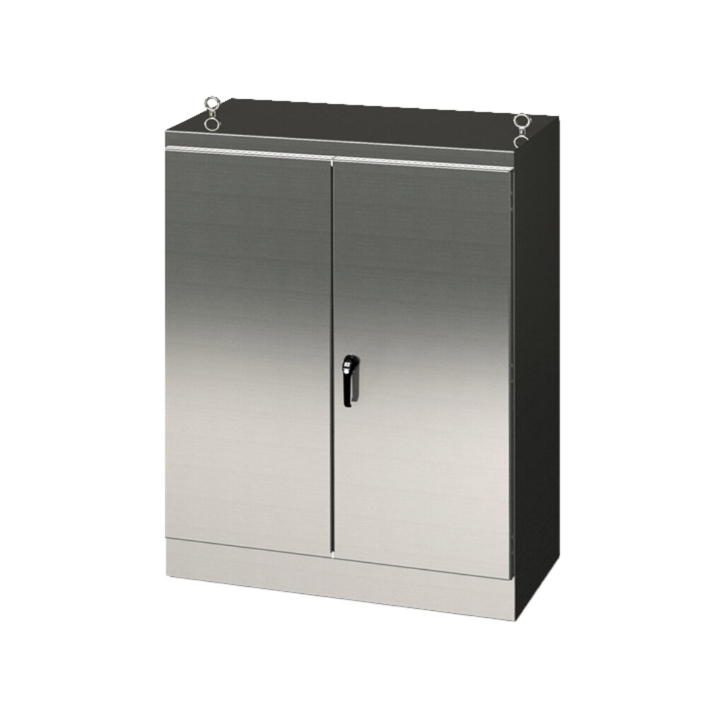 SCE-907224SSFSD - Saginaw enclosure, NEMA 3R/12/13, 90 x 72 x 24in (HxWxD), freestanding, 304 stainless steel, #4 brush finish, double-door, 3-point keylocking/padlocking combo handle.