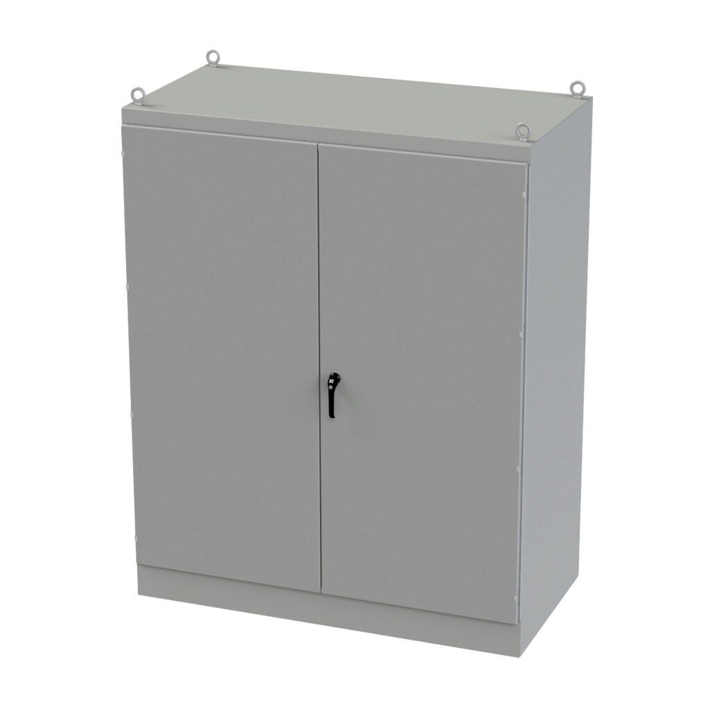 SCE-907236FSD - Saginaw enclosure, NEMA 3R/12/13, 90 x 72 x 36in (HxWxD), freestanding, carbon steel, ANSI 61 gray, powder coat finish, double-door, 3-point keylocking/padlocking combo handle.