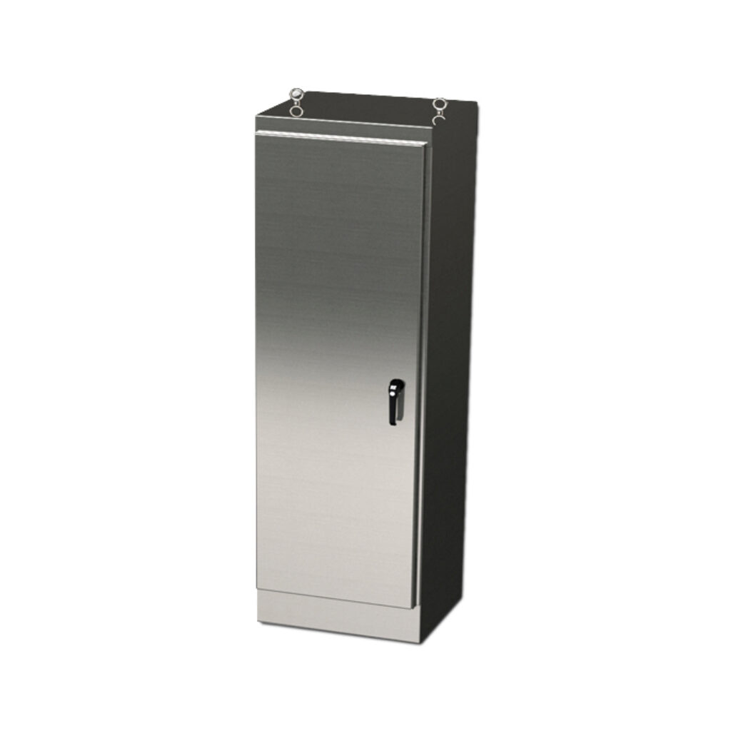 SCE-90EL2420SS6FS - Saginaw Enviroline series enclosure, NEMA 3R/4/4X/12/13, 90 x 24 x 20in (HxWxD), freestanding, 316L stainless steel, #4 brush finish, single-door, 3-point keylocking/padlocking combo handle.