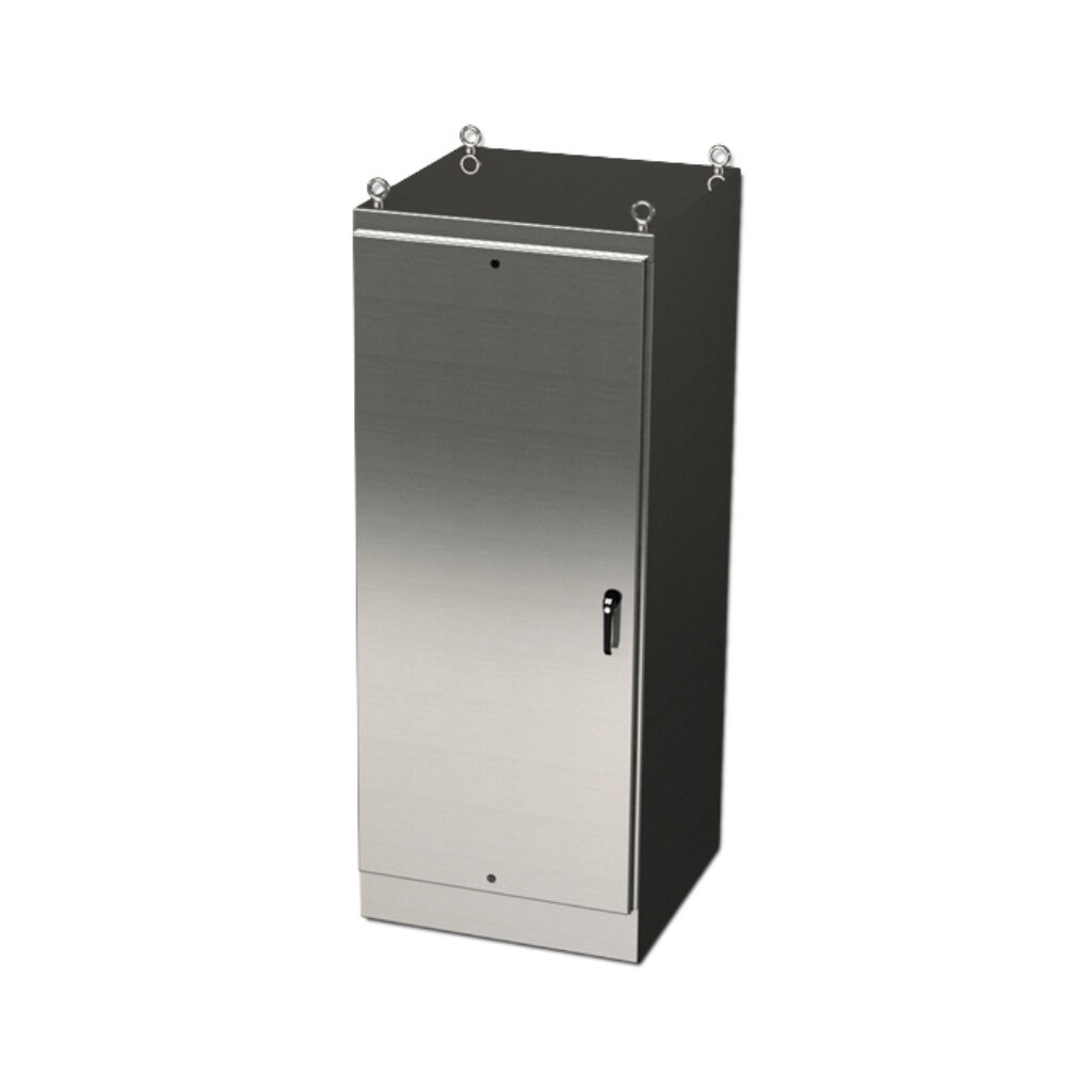 SCE-90EL3620SSFS - Saginaw Enviroline series enclosure, NEMA 3R/4/4X/12/13, 90 x 36 x 20in (HxWxD), freestanding, 304 stainless steel, #4 brush finish, single-door, 3-point keylocking/padlocking combo handle.