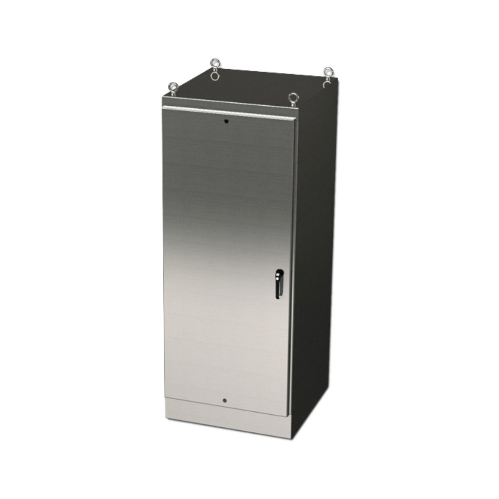 SCE-90EL3636SSFS - Saginaw Enviroline series enclosure, NEMA 3R/4/4X/12/13, 90 x 36 x 36in (HxWxD), freestanding, 304 stainless steel, #4 brush finish, single-door, 3-point keylocking/padlocking combo handle.