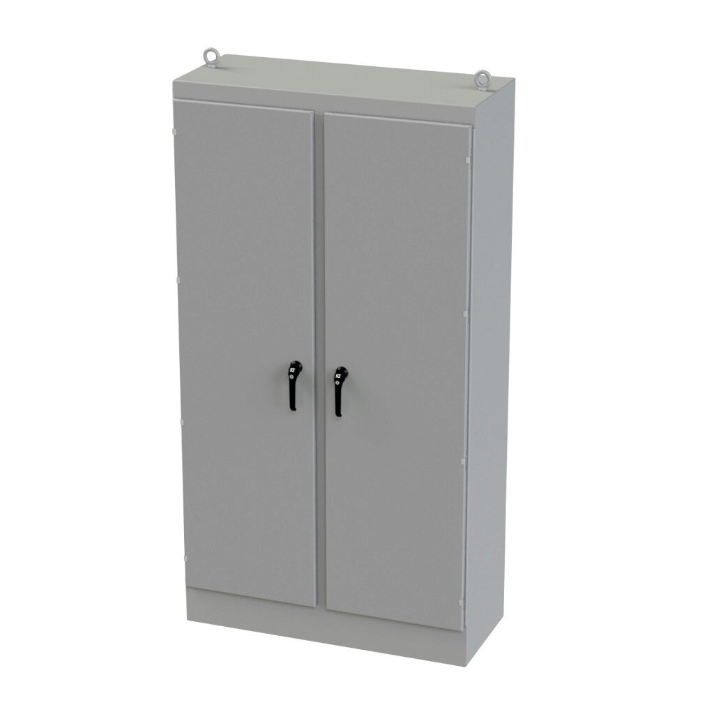 SCE-90EL4820FSD - Saginaw Enviroline series enclosure, NEMA 3R/4/12/13, 90 x 48 x 20in (HxWxD), freestanding, carbon steel, ANSI 61 gray, powder coat finish, 2-door, 3-point keylocking/padlocking combo handle.