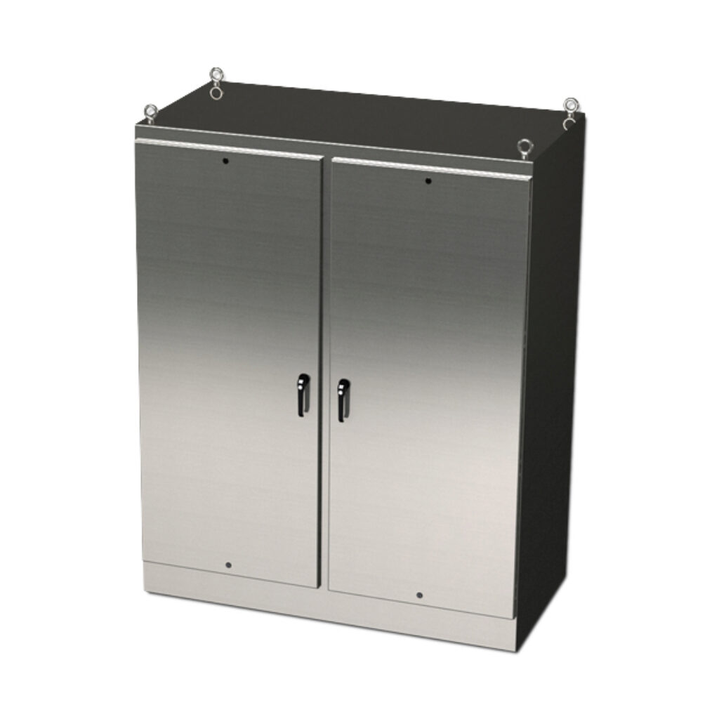 SCE-90EL7220SSFSD - Saginaw Enviroline series enclosure, NEMA 3R/4/4X/12/13, 90 x 72 x 20in (HxWxD), freestanding, 304 stainless steel, #4 brush finish, 2-door, 3-point keylocking/padlocking combo handle.