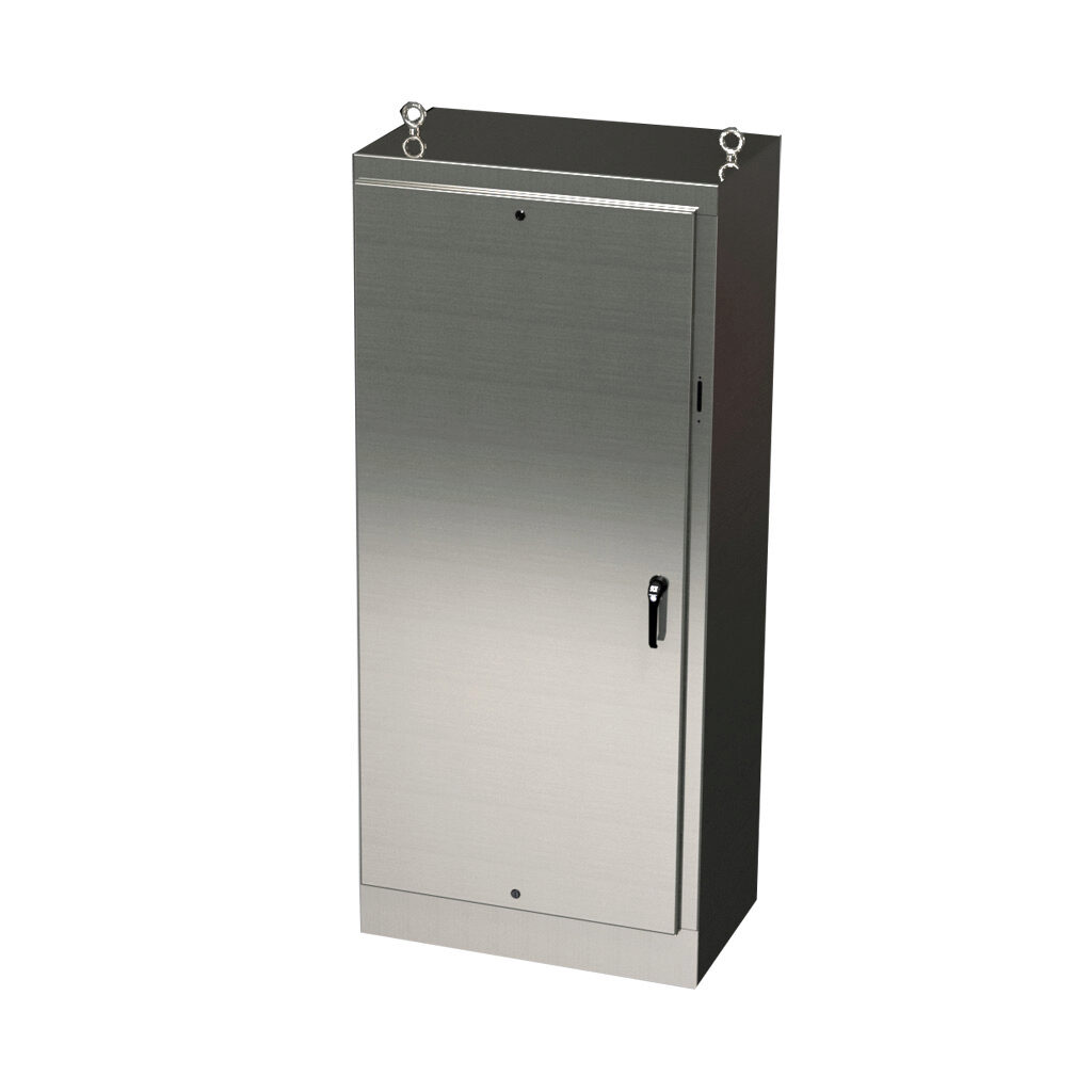 SCE-90XM4024SS6 - Saginaw disconnect enclosure, NEMA 3R/4/4X/12/13, right flange, 90 x 40 x 24in (HxWxD), freestanding, 316L stainless steel, #4 brush finish, single-door, 3-point padlocking handle, powder coated subpanel included.