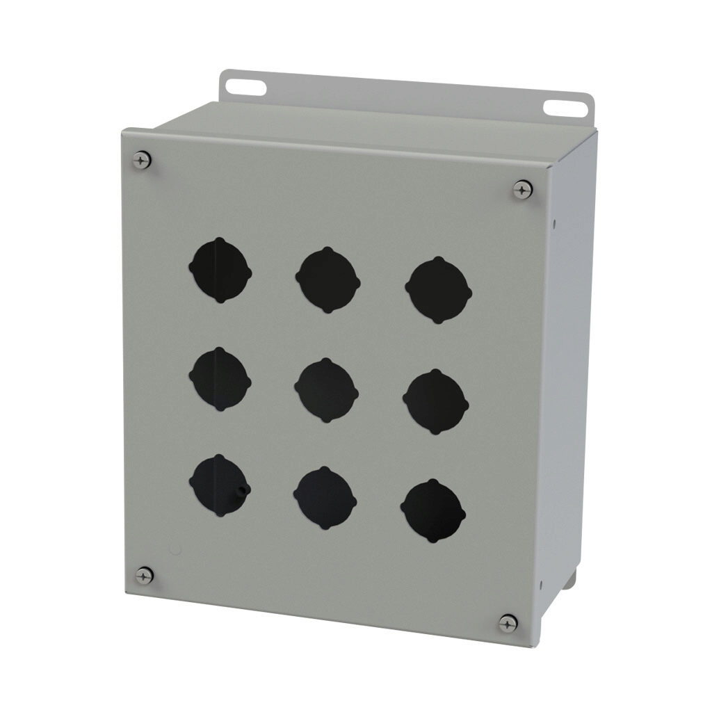 SCE-9PBX - Saginaw pushbutton enclosure, 9 holes, 30mm, NEMA 4/12/13, 10 x 9 x 5in (HxWxD), wall mount, carbon steel, ANSI 61 gray, powder coat finish, screw cover.