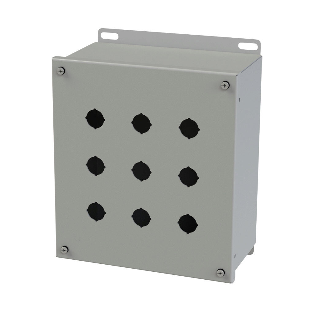 SCE-9PBXI - Saginaw pushbutton enclosure, 9 holes, 22mm, NEMA 4/12/13, 10 x 9 x 5in (HxWxD), wall mount, carbon steel, ANSI 61 gray, powder coat finish, screw cover.