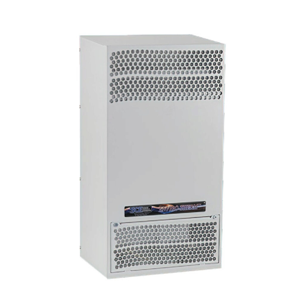 SCE-AC1000B230V - Saginaw Enviro-Therm air conditioner, 1000 BTU/H, R-134a or R-513a, 230 VAC operating voltage, carbon steel housing, RAL 7035 light gray, side mount. For use with NEMA/UL Type 3R, 4 & 12 enclosures.