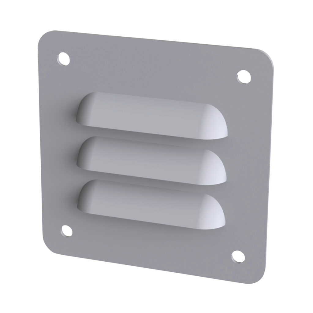 SCE-AVK23 - Saginaw louver vent, 3.25 x 3.25in (HxW), carbon steel, ANSI 61 gray, powder coat finish, 2.00 x 1.75in (HxW) cutout, for ventilation of metal enclosure. Mounting hardware included.
