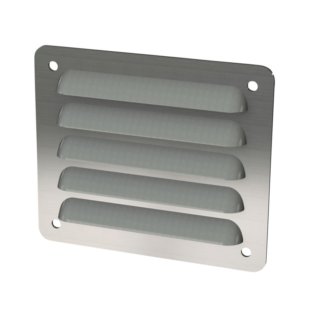 SCE-AVK33SS - Saginaw louver vent, 3.88 x 4.50in (HxW), 304 stainless steel, #4 brush finish, 2.62 x 3.00in (HxW) cutout, for ventilation of metal enclosure. Mounting hardware included.