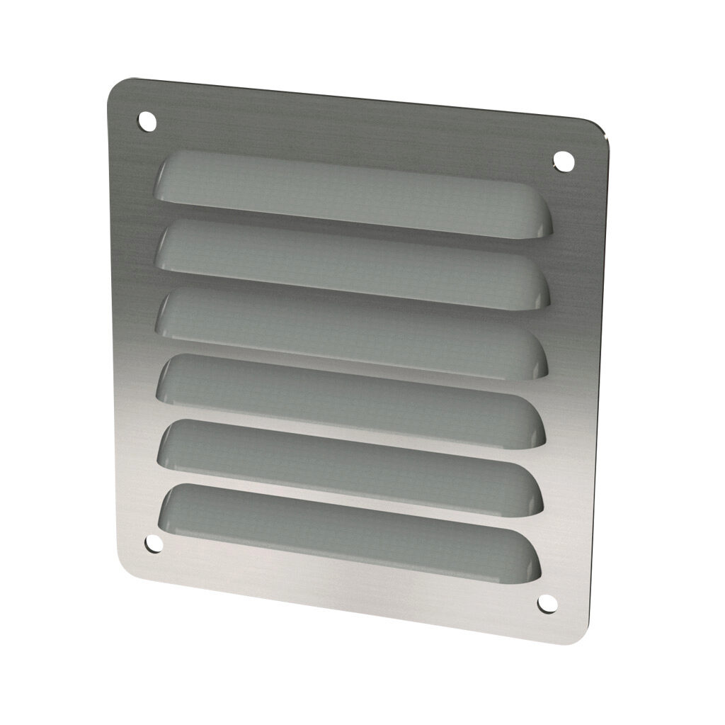 SCE-AVK34SS - Saginaw louver vent, 4.75 x 4.50in (HxW), 304 stainless steel, #4 brush finish, 3.50 x 3.00in (HxW) cutout, for ventilation of metal enclosure. Mounting hardware included.