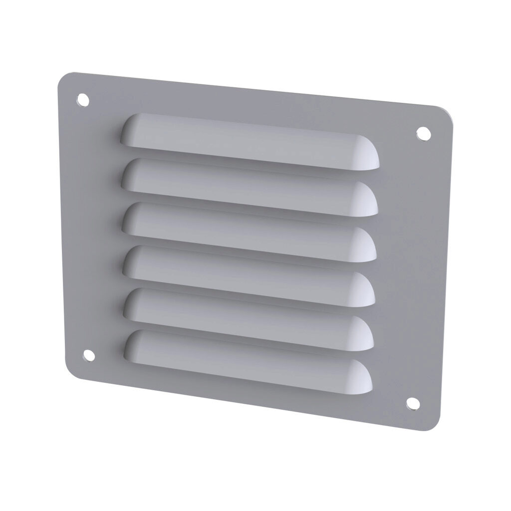 SCE-AVK43 - Saginaw louver vent, 4.50 x 5.50in (HxW), carbon steel, ANSI 61 gray, powder coat finish, 3.25 x 4.00in (HxW) cutout, for ventilation of metal enclosure. Mounting hardware included.