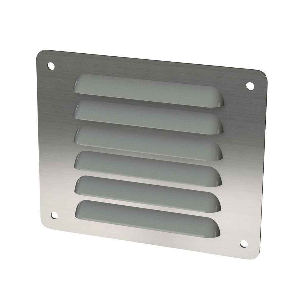 SCE-AVK43SS - Saginaw louver vent, 4.50 x 5.50in (HxW), 304 stainless steel, #4 brush finish, 3.25 x 4.00in (HxW) cutout, for ventilation of metal enclosure. Mounting hardware included.