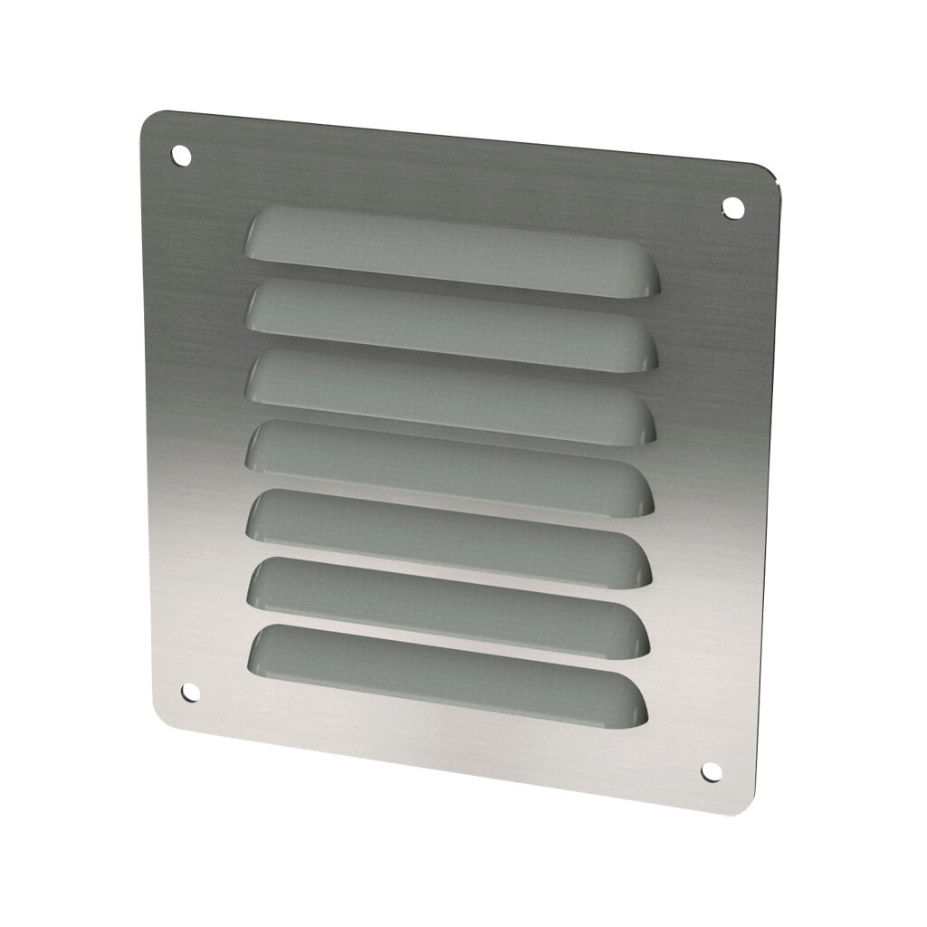 SCE-AVK44SS - Saginaw louver vent, 5.63 x 5.50in (HxW), 304 stainless steel, #4 brush finish, 4.38 x 4.00in (HxW) cutout, for ventilation of metal enclosure. Mounting hardware included.