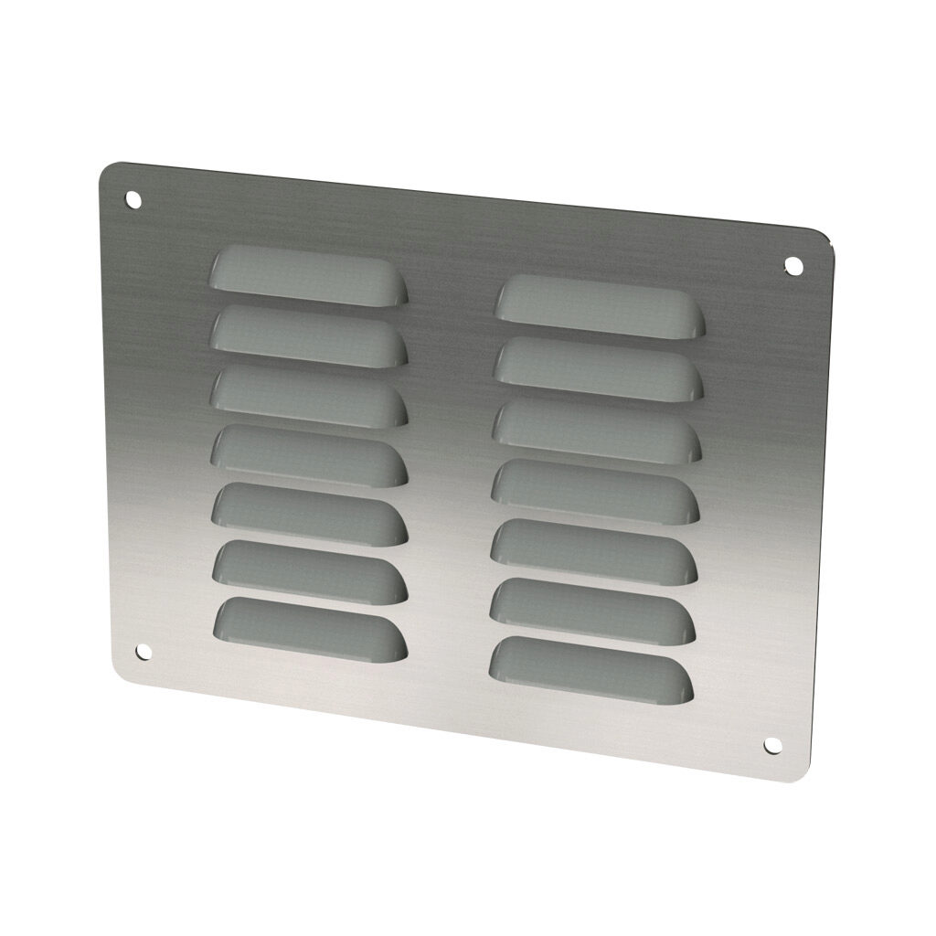 SCE-AVK64SS - Saginaw louver vent, 5.63 x 7.50in (HxW), 304 stainless steel, #4 brush finish, 4.38 x 6.00in (HxW) cutout, for ventilation of metal enclosure. Mounting hardware included.