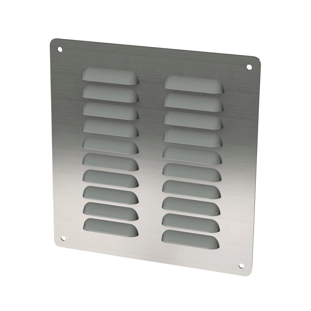 SCE-AVK66SS - Saginaw louver vent, 7.88 x 7.50in (HxW), 304 stainless steel, #4 brush finish, 6.62 x 6.00in (HxW) cutout, for ventilation of metal enclosure. Mounting hardware included.