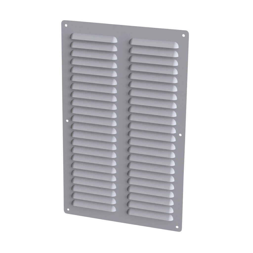 SCE-AVK812 - Saginaw louver vent, 15.31 x 9.50in (HxW), carbon steel, ANSI 61 gray, powder coat finish, 14.06 x 8.00in (HxW) cutout, for ventilation of metal enclosure. Mounting hardware included.